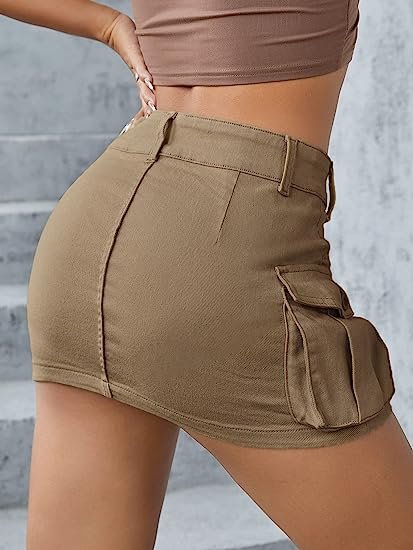 Women's Low Waist Button Bodycon Mini Cargo Denim Skirt with Pocket