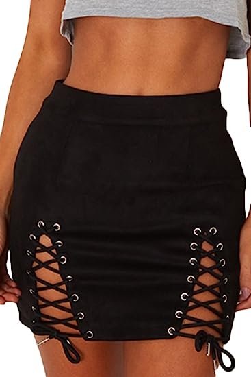 Women's Sexy High Waist Tie Skinny Faux Suede White Slit Skinny Mini Skirt