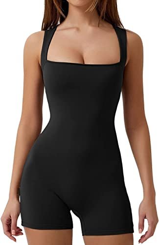 Womens Strappy Square Neck Tank Top Tummy Control Bodycon Stretch Shorts Jumpsuit Rompers