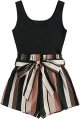 Women's Summer Sleeveless Striped Belted Tank Romper Short Jumpsuit